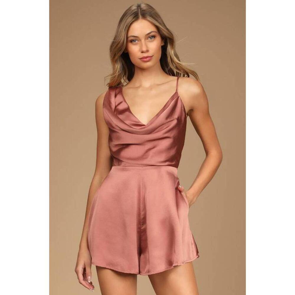 Lulus Likely Lover Rusty Rose Satin Asymmetrical Cowl Neck Romper Pink